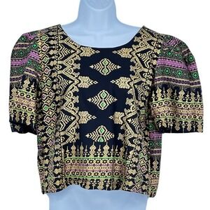 Boho Print Blouse Puff Sleeve Button Up Top Short Sleeve Handmade Size XS‎